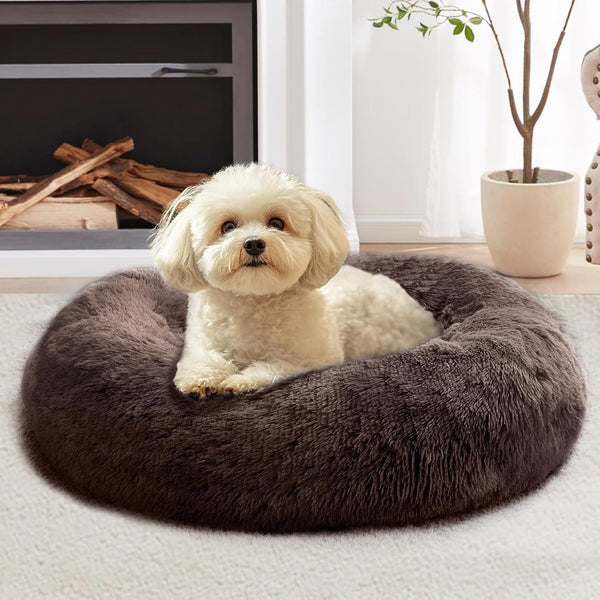 JOLLYVOGUE Small Dog Bed, Calming Dog Beds for Small Dogs & Indoor Cats - 20 Inches Donut Washable Cat Bed for Kittens & Puppies, round Fluffy Plush Faux Fur Pet Beds(Smoke Grey)31