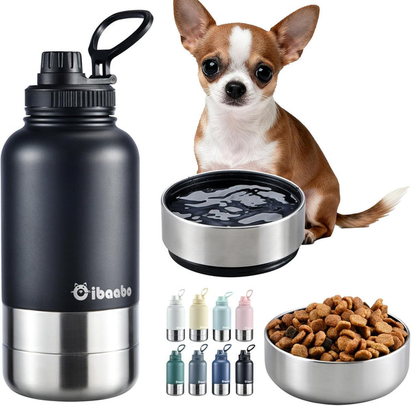 Cibaabo Insulated Dog Water Bottle 32Oz Keep Water Cool with 2 Bowls | Travel Feeding & Hydration | Stainless Steel Double Wall Thermos | Portable Pet Dispenser | for Dog & Owner | Hiking Beach1