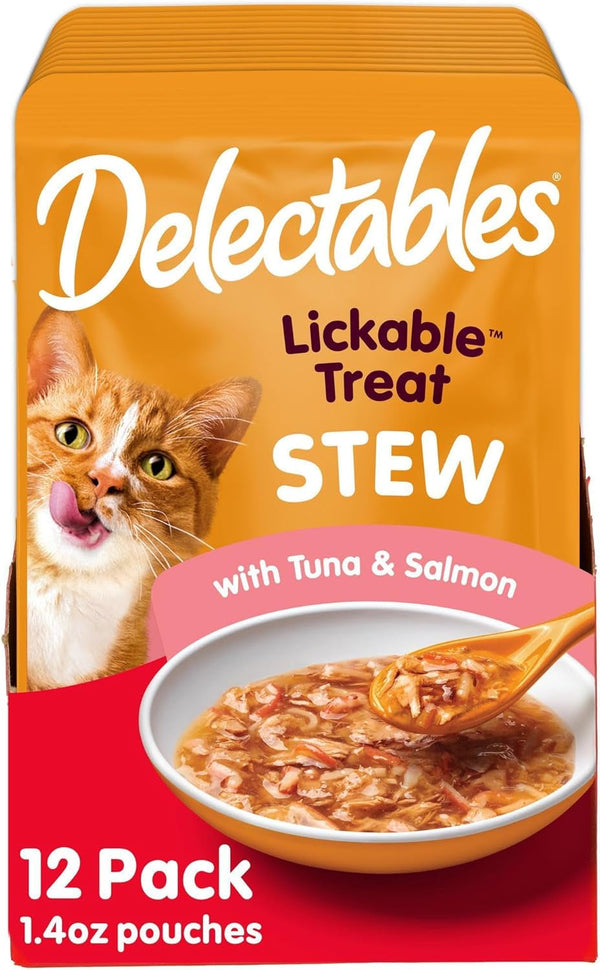 Delectables Lickable Treat Stew Wet Cat Treat with Real Tuna & Whitefish, Food Topper, Hydrating, Grain-Free, No Fillers, No By-Products, No Added Preservatives, 1.4Oz Pouch, 12Ct15