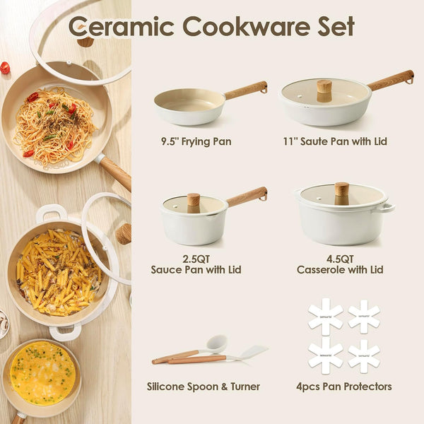 Ceramic Cookware Set 14Pcs, Nonstick Pots and Pans Set | Healthy Non Toxic Induction Cooking Set, Stackable Cookware with Kitchen Utensils, Pot Protectors, PFAS/PTFE Free2