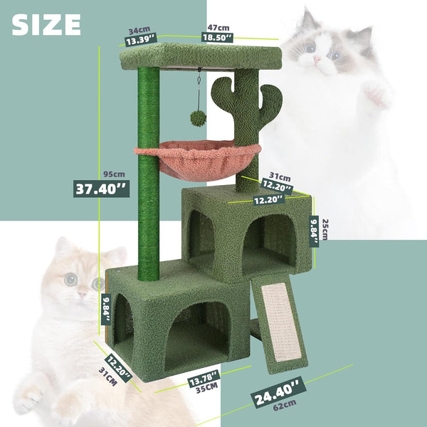 AIWIKIDE 37.4" Cactus Cat Tree Tower with Twin Cat Condos for Indoor Cats, All-In-One Activity Center with Cat Scratching Post Cozy Sleeping Perch Hammock and Toy Balls,Green2