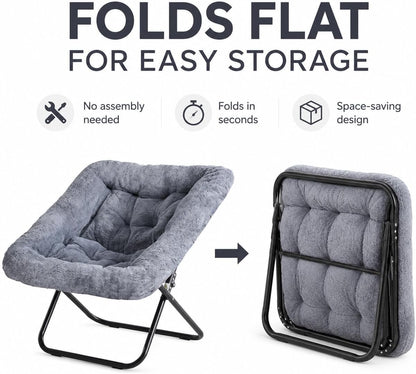 Oversized Square Moon Chair for Adults, Soft Faux Fur Folding Lounge Chair with Sturdy Steel Frame, Comfortable Reading Gaming Chair for Living Room, Bedroom, Grey7