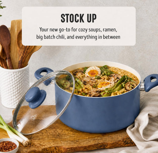 5QT Ceramic Nonstick Stockpot with Lid, Slate Blue | Pfas-Free Nonstick Coating, Casserole Pot, Soup Pot, Pasta Pot, Induction Ready, All Stovetop Compatible, Dishwasher Safe5