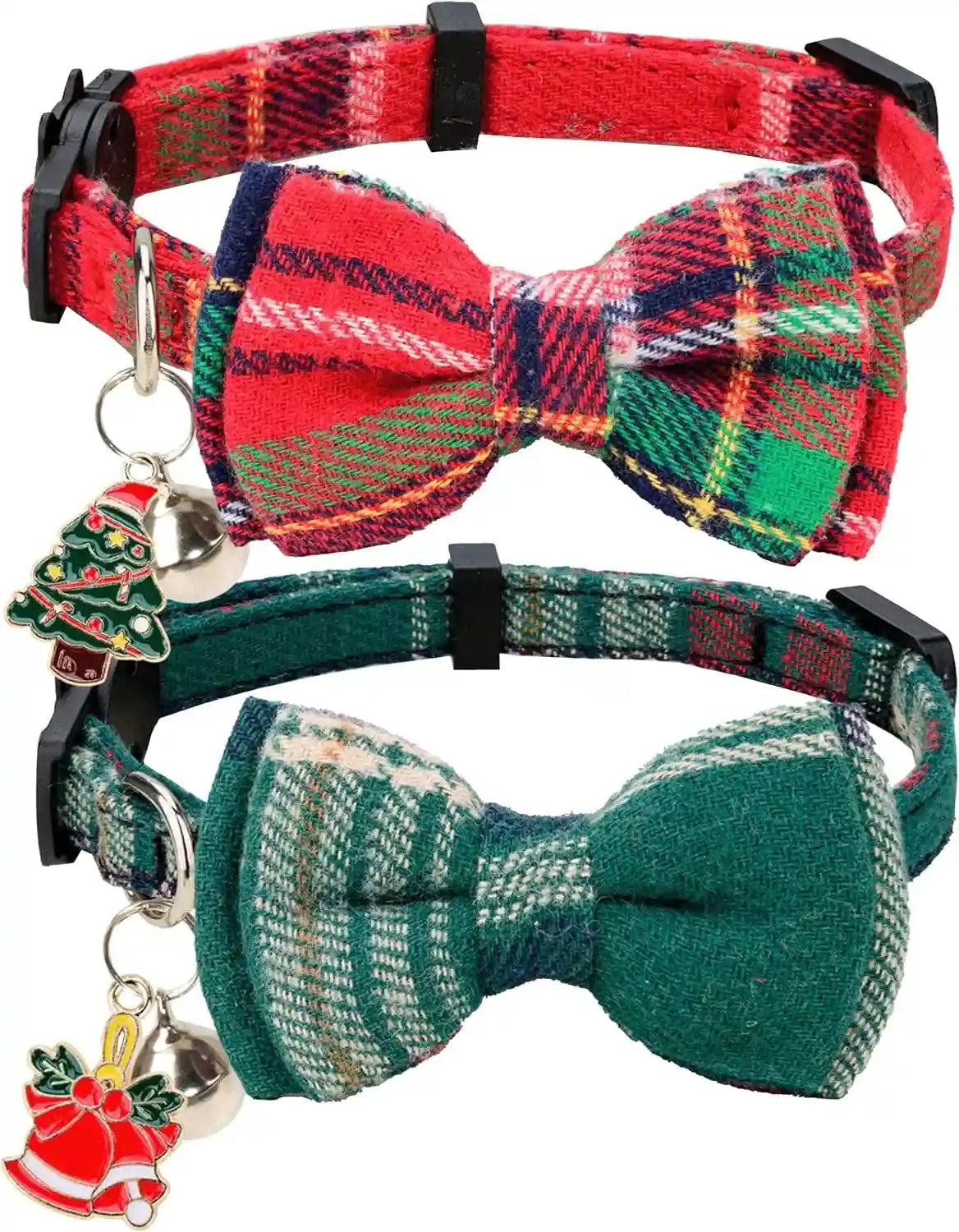 cat-collar-breakaway-bowtie-safety-with-bell-adjustbale-kitten-puppy-solid-plaid-color-set-d-2pcs-pink-2