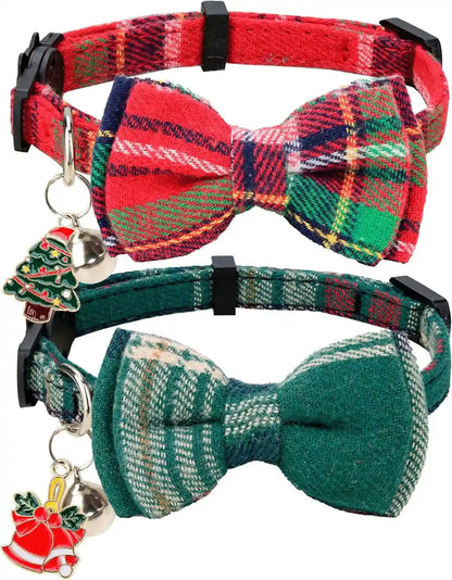 Cat Collar Breakaway Bowtie Safety with Bell Adjustbale Kitten Puppy Solid Plaid Color Set D-[2Pcs] Pink-28