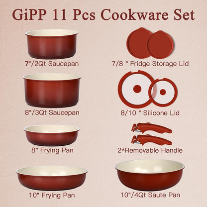 11PCS Ceramic Pots and Pans Set Non Stick, Nonstick Cookware Set Detachable Handle, Red Black Gradien Pots and Pans Induction Kitchen Cooking Sets, RV Cookware Sets for All Stoves3