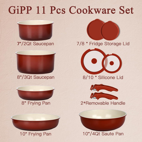 11PCS Ceramic Pots and Pans Set Non Stick, Nonstick Cookware Set Detachable Handle, Red Black Gradien Pots and Pans Induction Kitchen Cooking Sets, RV Cookware Sets for All Stoves3