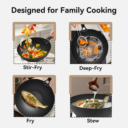 11.8" High Purity Iron Wok Pan,Flat Bottom Stir Fry Pan for Electric,Induction & Gas Stoves,No Chemical Coating Carbon Steel Alternative,Traditional Hand-Hammered Skillet for Cooking4
