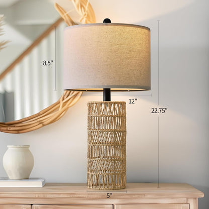 22.5" Boho Table Lamps Set of 2 for Living Room, Bedside Lamp for Nightstands, Rattan Lamp for Bedroom, Farmhouse Table Lamp for Room Decor, End Table, Retro, Brown（Not Include Bulbs）3