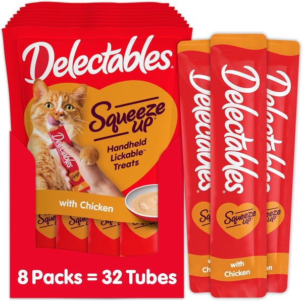 Delectables Squeeze up Creamy Squeezable Puree, Lickable Wet Cat Treats, Grain Free, No Added Fillers, No By-Products, No Added Preservatives, 0.5 Ounces Tube Chicken Flavor, 32 Tubes Total1