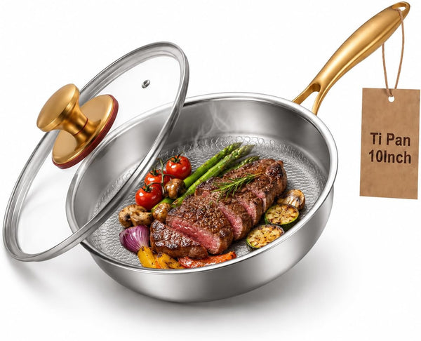 Titanium Pans for Cooking | 10" Pure Titanium Hammered Pro Frying Au Gratin Pan with Lid | Non-Toxic Skillet | PFAS/PFOA/PTFE Free Cookware | Dishwasher&Oven Safe1