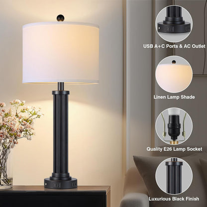 28" Tall Modern Table Lamps with USB C+A Ports and AC Outlet, 3 Way Touch Metal Bedside Lamps for Bedroom, Black Nightstand Lamps for Living Room5