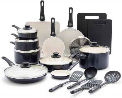 Soft Grip Healthy Ceramic Nonstick 23 Piece Kitchen Cookware Pots and Frying Sauce Saute Pans Set with Kitchen Utensils, Pfas-Free, Dishwasher Safe, Black1