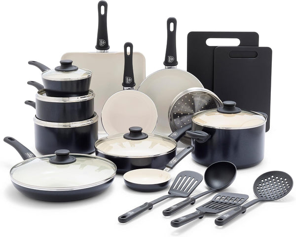 Soft Grip Healthy Ceramic Nonstick 23 Piece Kitchen Cookware Pots and Frying Sauce Saute Pans Set with Kitchen Utensils, Pfas-Free, Dishwasher Safe, Black1