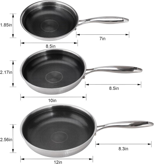 Hybrid 8 10 12 Inch Stainless Steel Non Stick Skillet Set | PFOA Free Cookware, Dishwasher and Oven Safe, Induction Compatible2