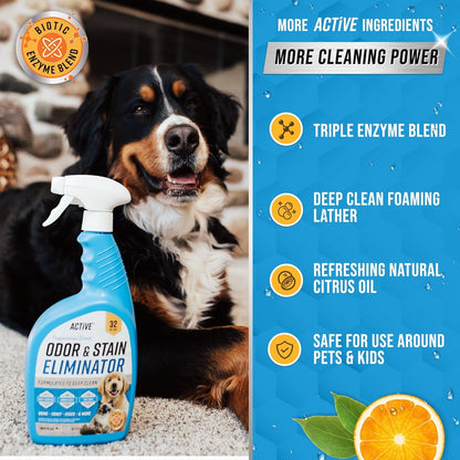 Pet Odor and Stain Eliminator - 32 Oz ACTIVE Enzyme Cleaner for Dog & Cat Urine, Stain Remover Spray for Carpet, Upholstery, Hardwood, Spot Cleaning, Deodorizer for Dogs Cats Pets - Natural Citrus Oil5