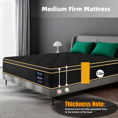 Queen Mattress 12 Inch Medium Firm Hybrid Mattress Queen Size Memory Foam Pocket Springs Queen Bed Matress in a Box for All Sleeping Positions Motion Isolation Comfortable Sleep (Black, Queen 12 Inch)3