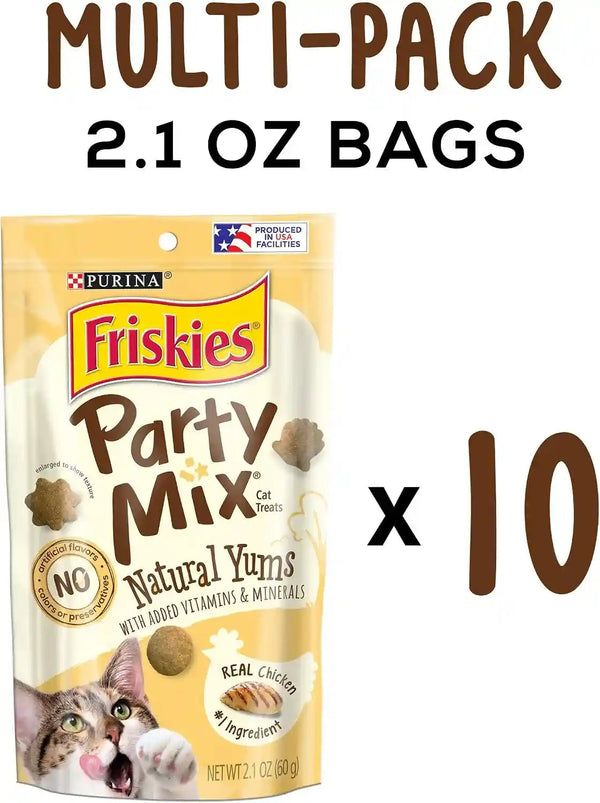 Purina Friskies Natural Cat Treats, Party Mix Natural Yums with Real Chicken & Vitamins, Minerals & Nutrients - (Pack of 10) 2.1 Oz. Pouches2