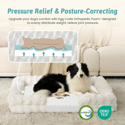 COZY KISS Orthopedic Dog Bed for Extra Large Dog 44X32 Inch, XL Faux Fur Pet Sofa, Bolster Foam Bed with Sides, Non-Slip and Egg-Crate Big Dog Couch Bed with Washable Removable Cover, Beige3