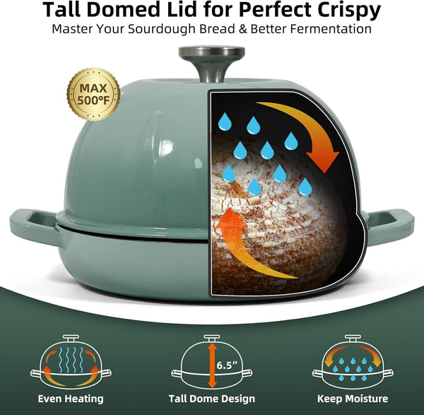 Sourdough Dutch Oven Bread Oven, 5QT Enameled Cast Iron Bread Pan Sourdough Pan, Bread Cloche Dutch Oven with Slicone Oven Mitts - Light Green3
