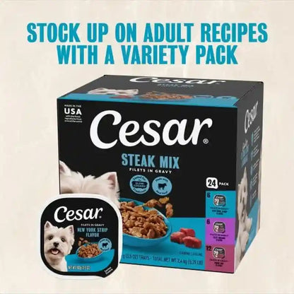 Cesar Filets in Gravy Wet Dog Food, Steak Mix Variety, 3.5 Oz, 24 Count | Filet Mignon, New York Strip & Prime Rib, Real Meat, Slow-Cooked, No Fillers/Added Sugar/Artificial Flavors, Easy Peel Trays13