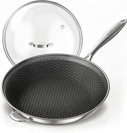 Wok Pan, 11 Inch Hybrid Woks & Stir-Fry Pans Nonstick, Non Toxic 5-Ply Stainless Steel Wok Pan with Lid, Laser Etched Surface, Works on All Stoves, Dishwasher & Induction Safe, PFOA Free1