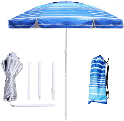 6Ft Beach Umbrella - Heavy Duty Wind Resistant UV 50+ Portable Sun Shade with Sand Anchor & Carry Bag, Outdoor Folding Umbrella for Beach, Pool, Patio, Garden (Blue Stripe) No Tilt the Sand Needs to Exceed the Spiral 6Inch1