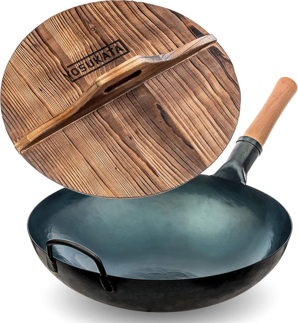 Blue round Bottom Wok Pan – 14" Stir Fry Pans Premium Wok Cover 14 Inch - Wooden Lid1