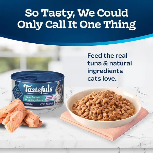 Blue Buffalo Tastefuls Wet Food for Adult Cats, Made with Natural Ingredients, Tuna Entrée, Tender Morsels in Gravy, 3Oz Cans, 4Pack Trial Size3