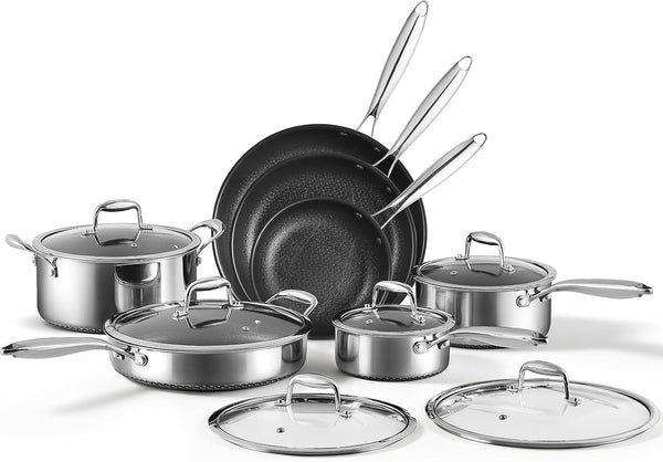 13Pcs Nonstick Pots and Pans Set Stainless Steel Cookware Sets | Hybrid Titanium Non Stick Frying Pans, Saucepans, Saute Pan & Stock Pot, PFOA Free Kitchen Skillet, Induction Compatible1