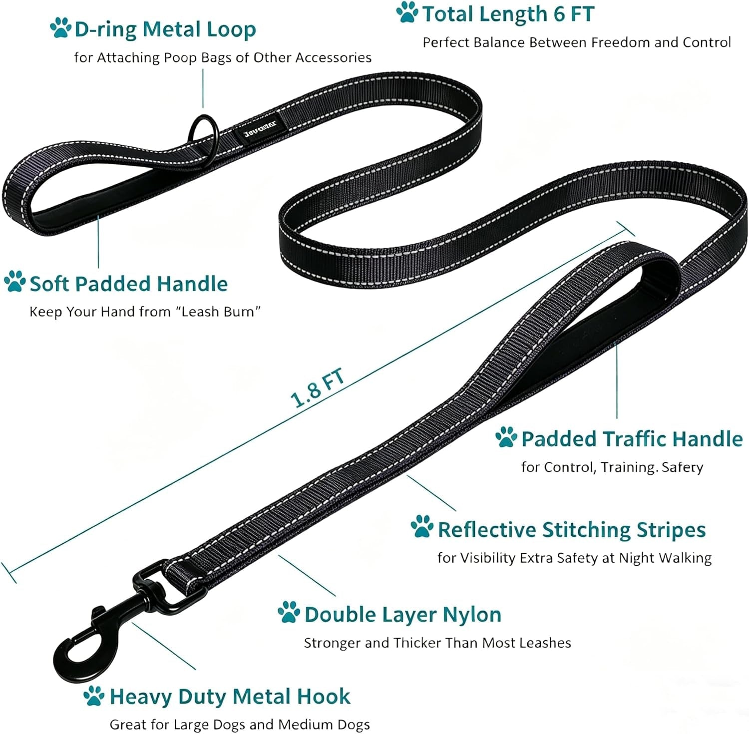 heavy-duty-dog-leash-2-handles-by-padded-traffic-handle-for-extra-control-6foot-long-perfect-for-medium-to-large-dogs-6-ft-black