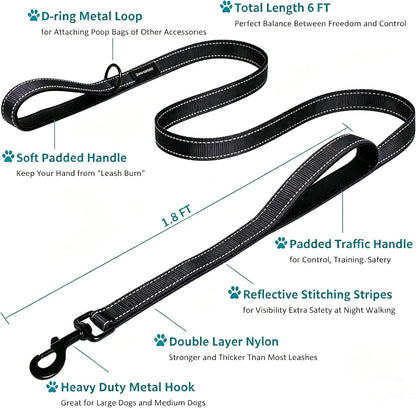 Heavy Duty Dog Leash - 2 Handles by Padded Traffic Handle for Extra Control, 6Foot Long - Perfect for Medium to Large Dogs (6 Ft, Black)2