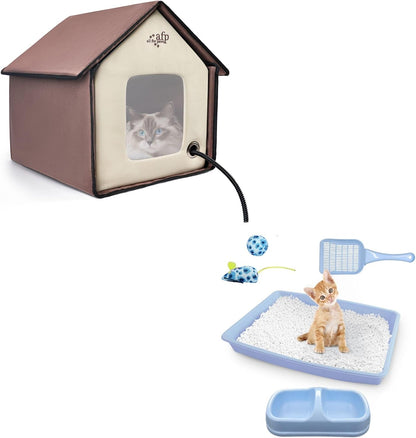 Blue Cat Litter Box Set, Small Cat Kitten Starter Kit with Litter Scoop, Cat Bowl, Kittens Toy; Heated Cat House Indoor, Cats Home with Heated Pad, Cat Houses & Condos, Heater Cat Bed1