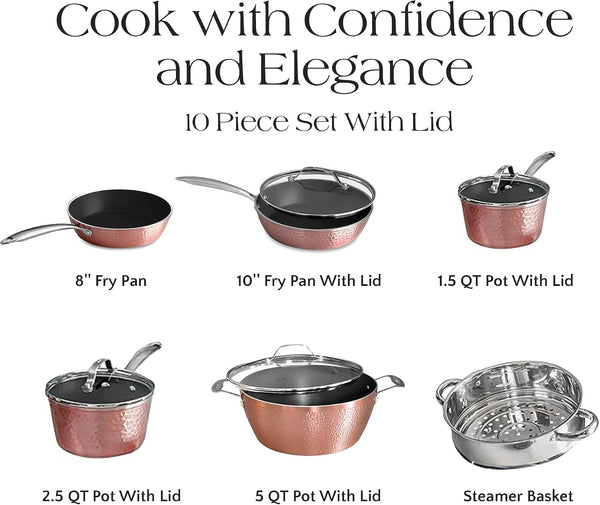 Ceramic Pots and Pans for Cooking - 10 Piece Cookware Set with Glass Lids, Rose Hammered Design, Elegant, Lightweight & Durable Non Stick Pans for All Stove Top Designs, Oven Use up to 500°F5