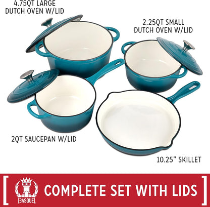 Enameled Cast Iron Cookware Set, 7-Piece Set (Biscay Blue), Nonstick, Oversized Handles, Oven Safe; Skillet, Saucepan, Small Dutch Oven, Large Dutch Oven, 10.25", 2QT, 2.25QT, 4.75QT | Includes 10.25" Skillet, 2QT Saucepan, 2 Dutch Ovens; Oversized Handles for Easy Carrying6
