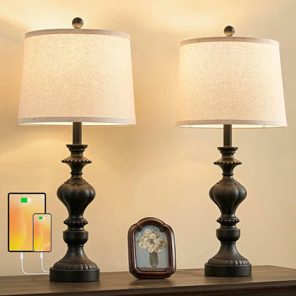 27.5" Farmhouse Table Lamps Set of 2, 3 Way Dimmable Touch Lamps | Touch Control, Dimmable, USB C+A Ports & AC Outlet, Bulbs Included, Bedside Nightstand Lamp for Living Room, Bedroom1