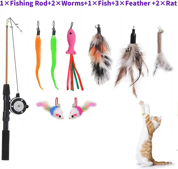 Retractable Cat Teaser Wand Toy, Cat Toys for Indoor Outdoor Cats Interactive Fishing Rod with 8 Pcs Refills Feather Toy, Plush Mouse Caterpillar & Fish2