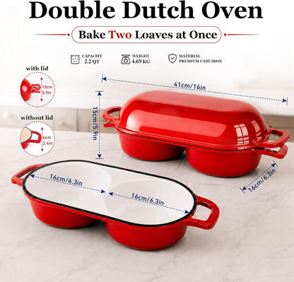 Double Dutch Oven for Sourdough Bread Baking,2.2Qt Enameled Cast Iron Dutch Oven Pot with Lid,500°F Oven Safe Non Stick Bread Loaf Pan,Sourdough Baking Pan for Homemade Baking（Red）3