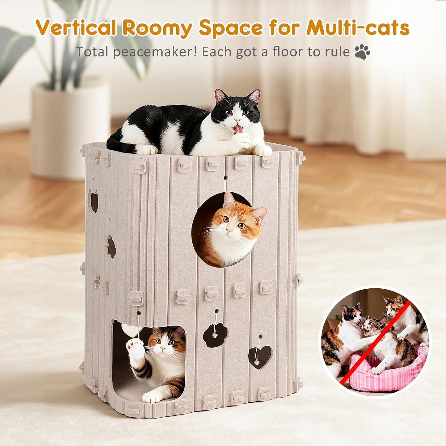 cat-house-for-indoor-cats-2-story-enclosed-cat-bed-cave-for-multiple-large-cats-felt-covered-pet-hideaway-tunnel-condo-house-kitty-hut-hideout-cube-scratch-resistant-beige