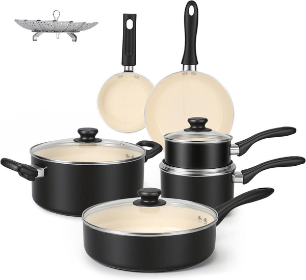 11-Piece Ceramic Non-Stick Pots and Pans Set, Dishwasher & Oven Safe, Easy Clean, Glass Lids, Black/Cream1