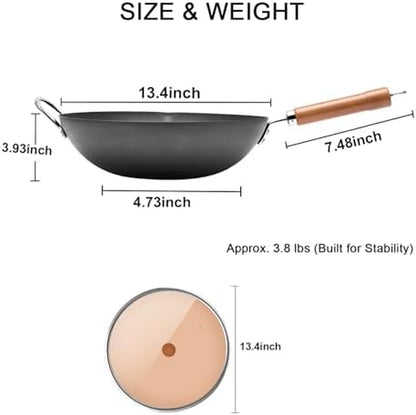 Carbon Steel 13.4" Woks with Traditional Iron Spatula6