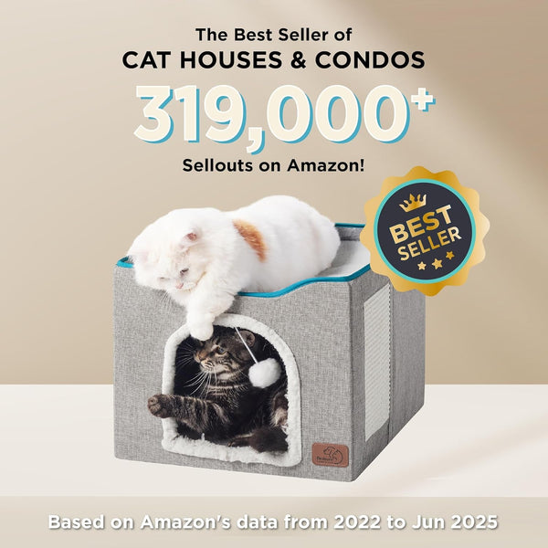 Bedsure Cat House Bed for Indoor Cats with Fluffy Ball and Scratch Pad,Grey | 16.5X16.5X13 In,Large Cat Cave for Multiple Pets,Foldable Cat Hideway Cube for Sleeping Kitten2