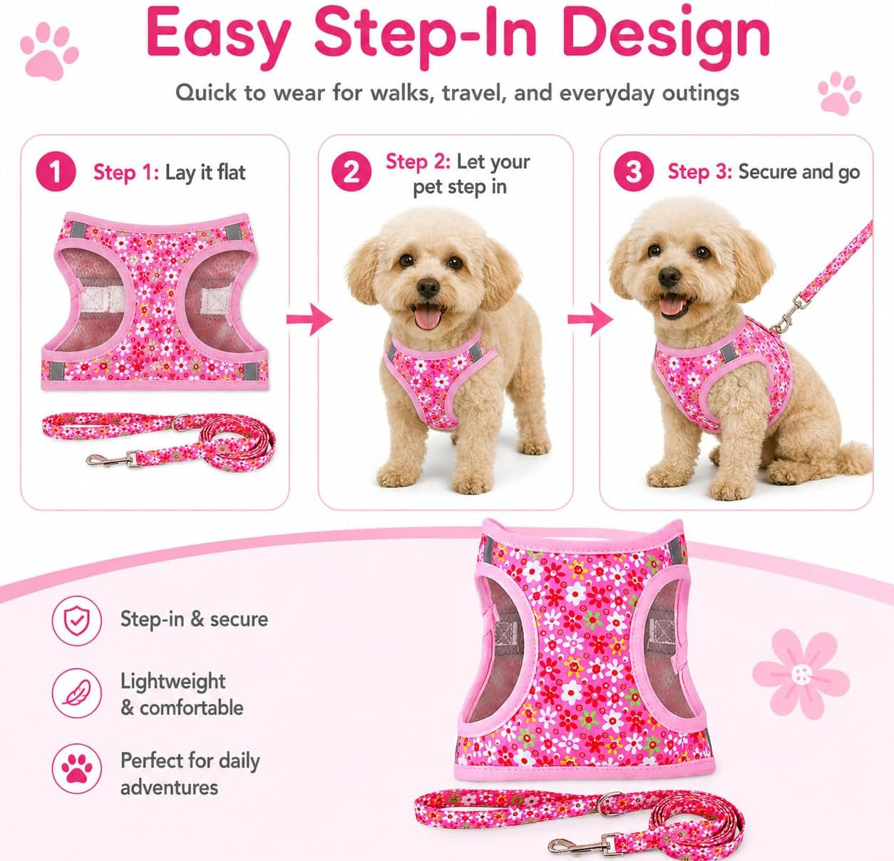 step-in-dog-harness-leash-set-all-weather-reflective-no-pull-floral-pattern-padded-mesh-vest-harness-for-cats-puppy-extra-small-small-medium-large-dogs-pink-flower-s