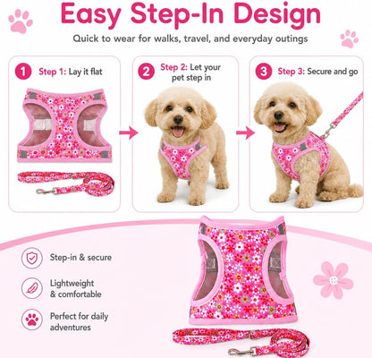 Step in Dog Harness Leash Set- All Weather Reflective No-Pull Floral Pattern Padded Mesh Vest Harness for Cats Puppy Extra-Small Small Medium Large Dogs - Pink Flower - S3