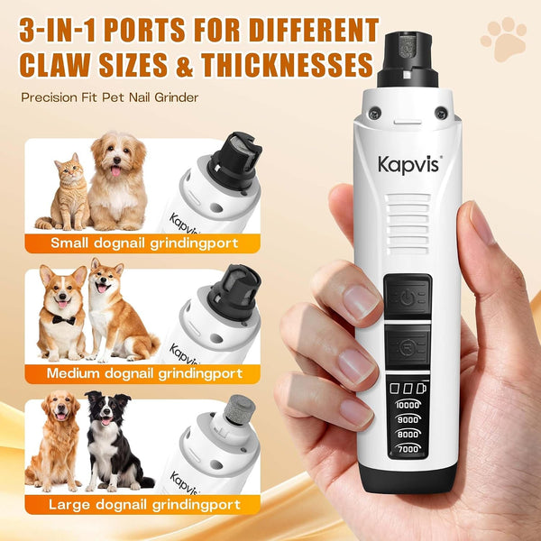 Dog Nail Grinder with 2 LED Lights, 4-Speed Pet Nail Grinder for Dogs&Cats | Kapvis Electric Dog Nail Trimmer Quiet, 2 Grinding Heads Included, Digital Display&2 LED Lights, 2.5Hr Charge for 480Min Use6