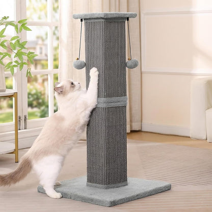 Tall Cat Scratching Post 33” Heavy Duty Sisal Scratcher Post | Modern Cat Scratching Post with Heavy Duty Base for Sturdy, Large 33" Vertical Sisal Rope Post & 2 Cat Toy Balls for Cat-Gray7