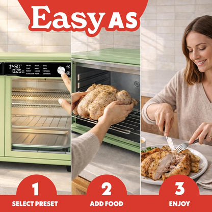 French Door Air Fryer Oven - 37 Qt Large Capacity Convection Toaster Oven, Fryforce 360°, Digital Display, 12 Cooking Presets, Dehydrate, Fits 13” Pizza, Dishwasher-Safe, Green10