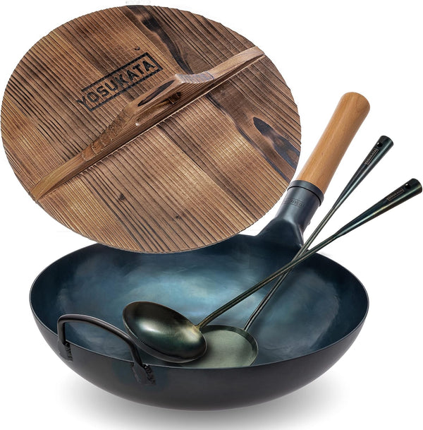 13.5” Blue Carbon Steel Wok Pan + Pre-Seasoned Blue Carbon Steel 17-Inch Spatula and Ladle + Premium Wok Cover 13.5 Inch Pan Lid1
