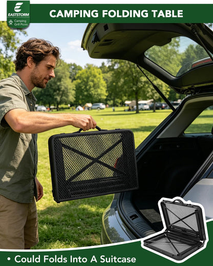2 Ft Folding Camping Table, Adjustable Height 10.6-22 In, Small Grill Table | Black Metal Mesh,23.6 X 15.8 In,Portable & Compact for Outdoor,Indoor,Picnic,Bbq,Tailgating, with Carry Handle,66 Lb Capacity5