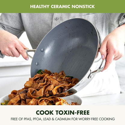 Valencia Pro Tri-Ply Stainless Steel 12” Wok with Lid, Pfas-Free Ceramic Nonstick Coating, Induction Ready Cookware, All Cooktops, Dishwasher & Oven Safe to 600F2